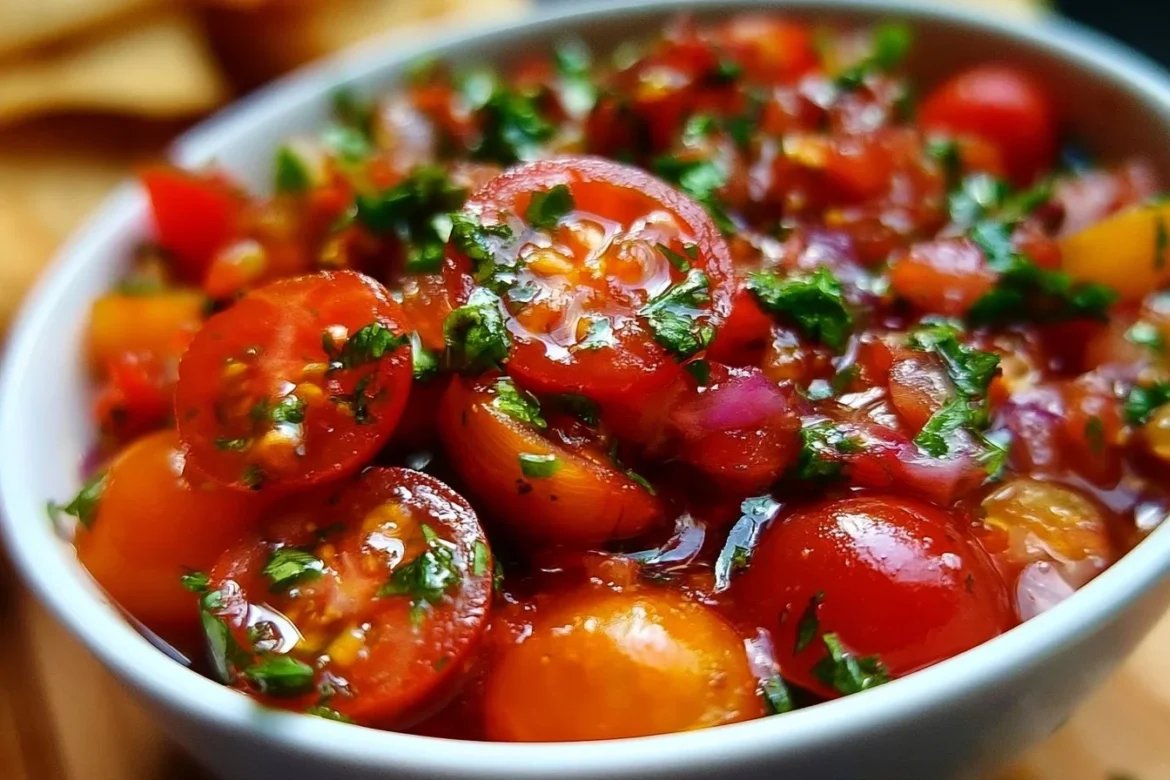 Fresh cherry tomato salsa in a bowl with cilantro and lime