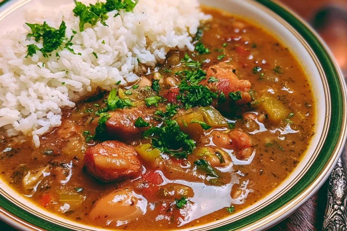 Delicious bowl of Chicken and Sausage Gumbo with herbs and spices