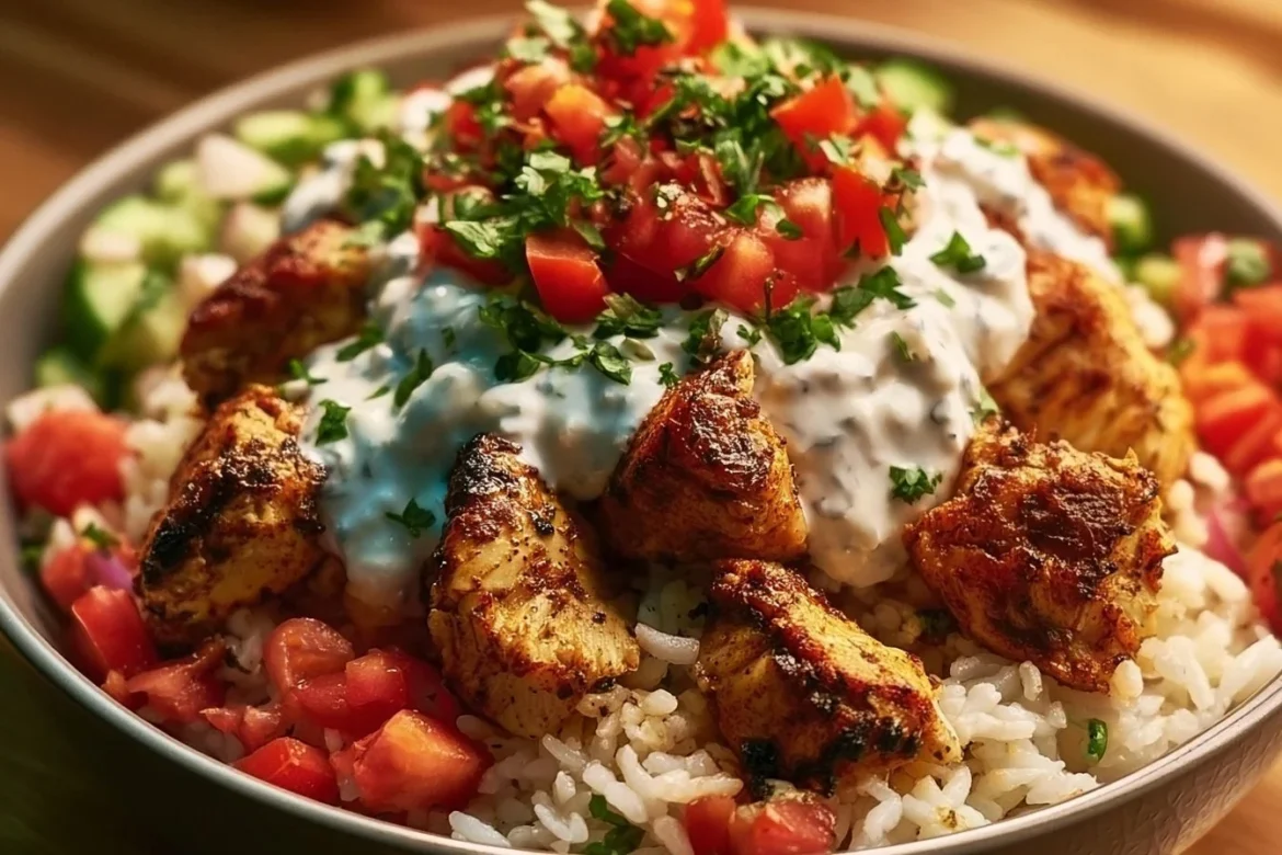 Delicious chicken gyro bowl with grilled chicken, fresh vegetables, and sauce.