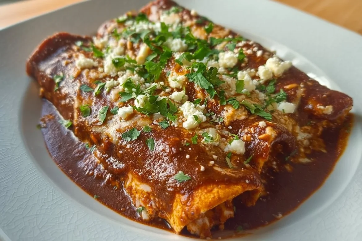 Delicious Chicken Mole Enchiladas served with fresh toppings