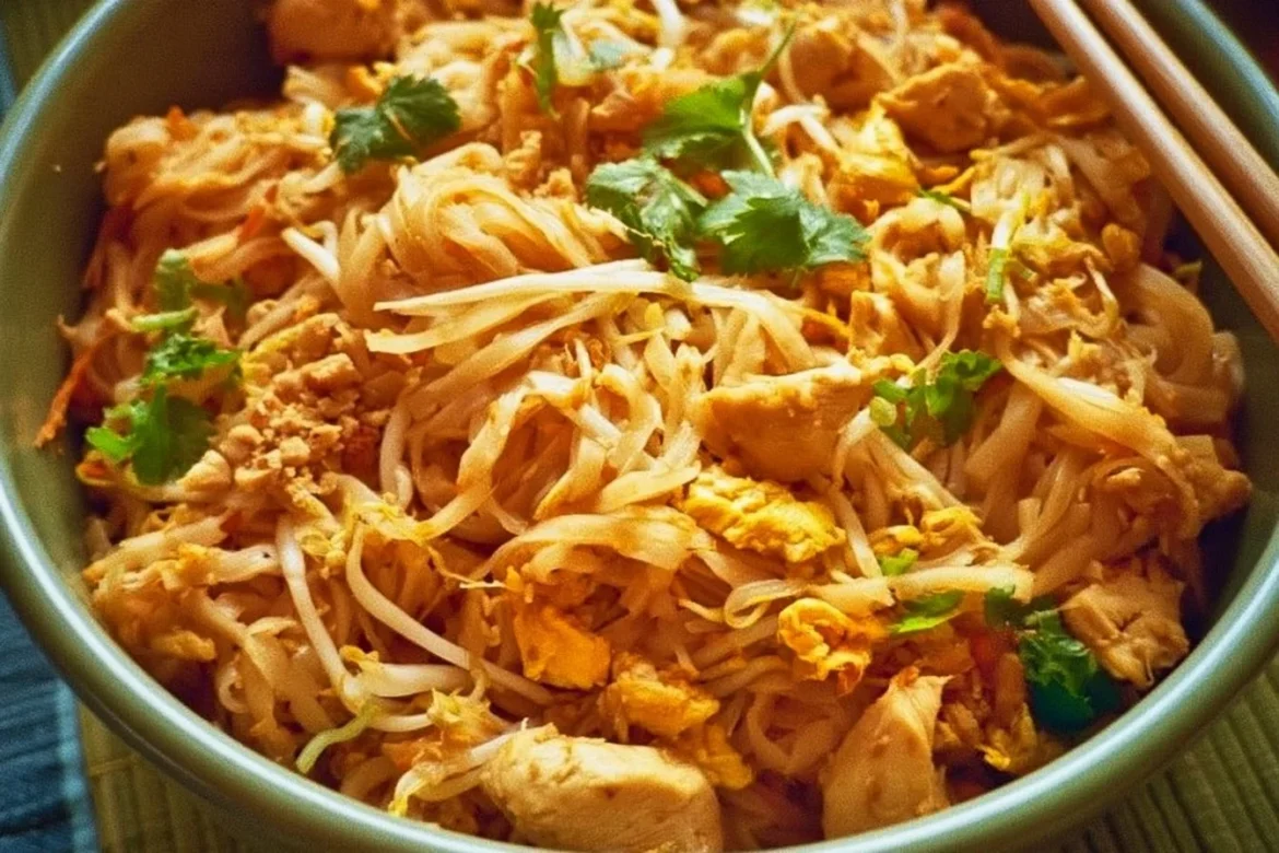 Delicious Chicken Pad Thai garnished with lime and peanuts