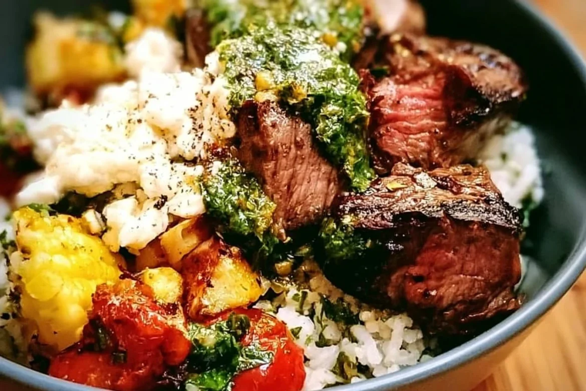 Chimichurri steak bowls with fresh ingredients and vibrant herbs.