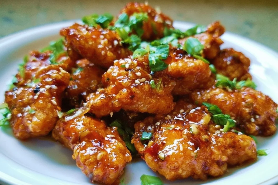 Delicious Chinese Honey Garlic Chicken served on a plate with garnishes