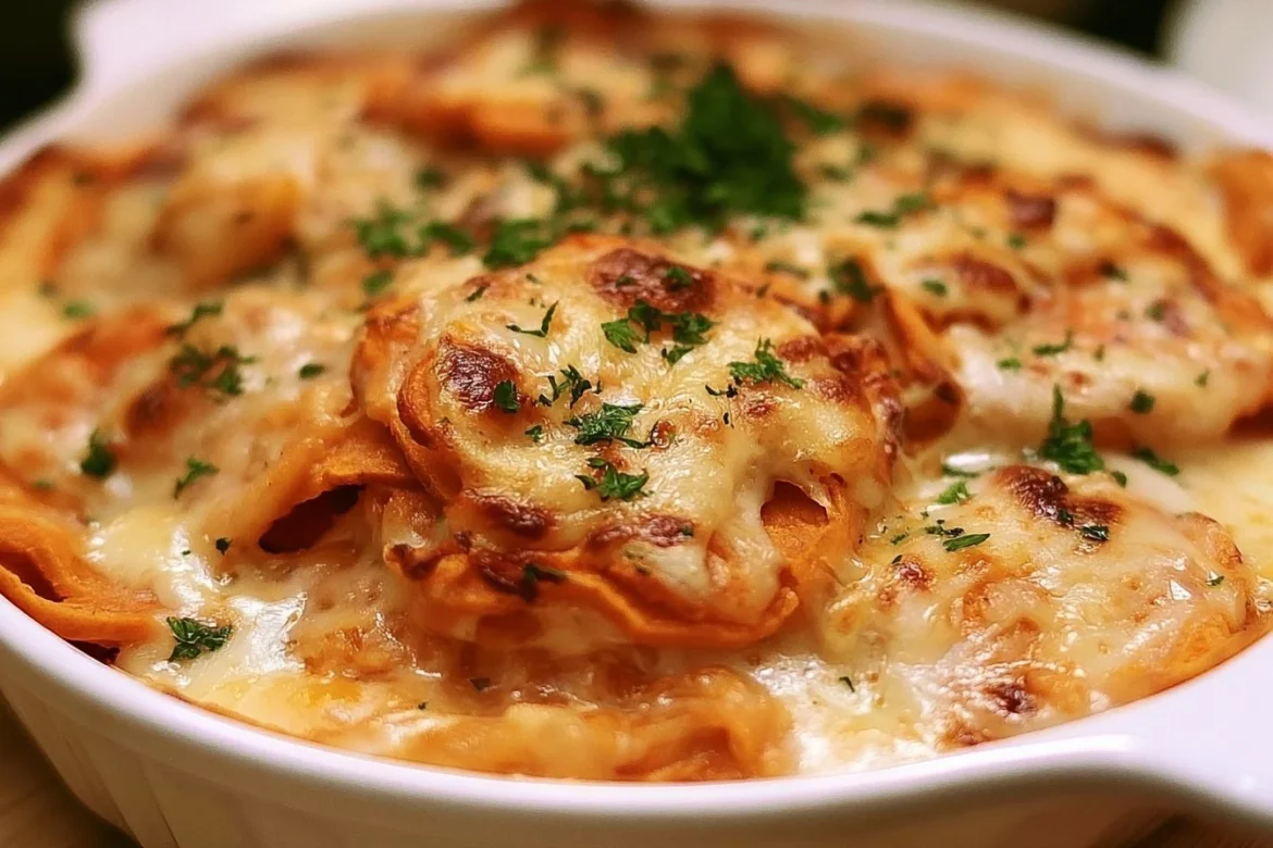 Chipotle Gouda Scalloped Sweet Potatoes baked in a creamy sauce