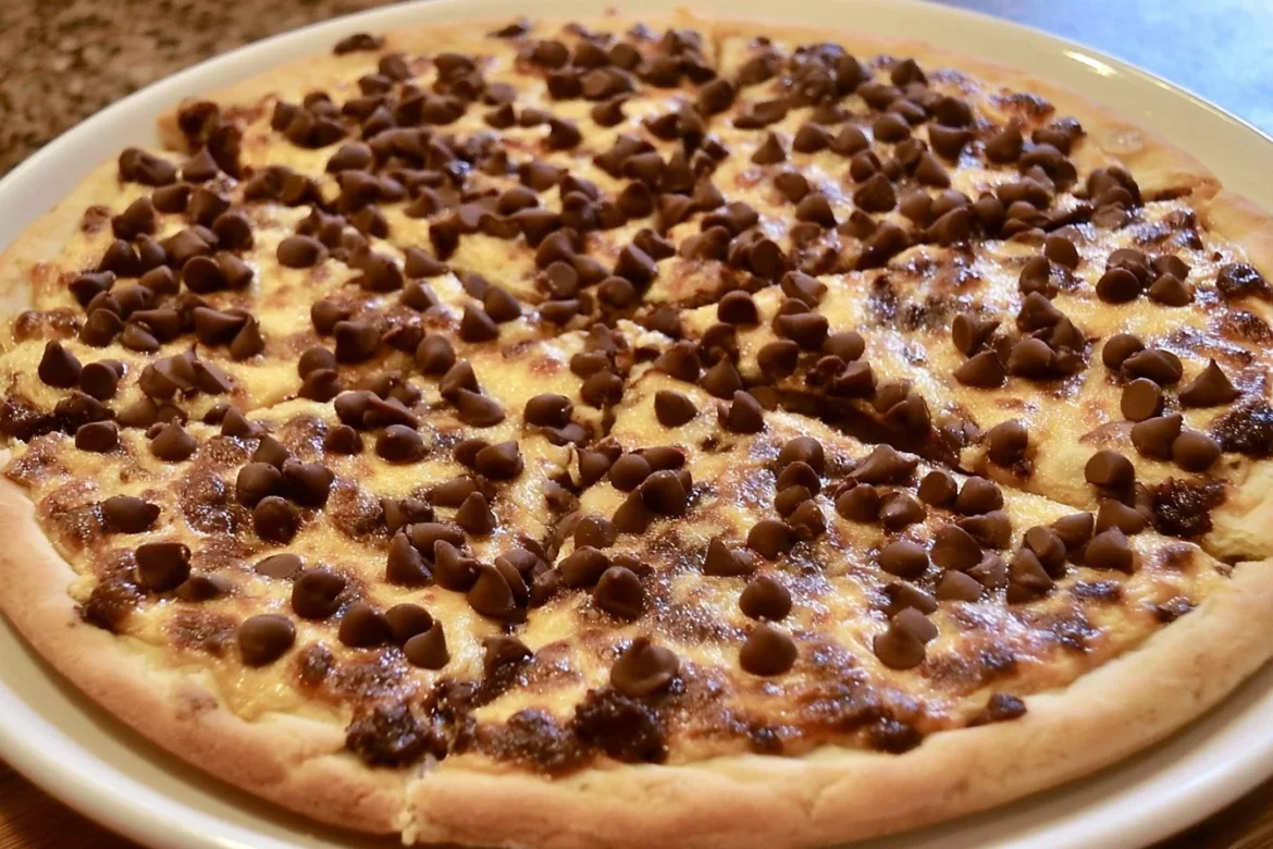 Delicious Chocolate Chip Dessert Pizza topped with melted chocolate and sprinkles
