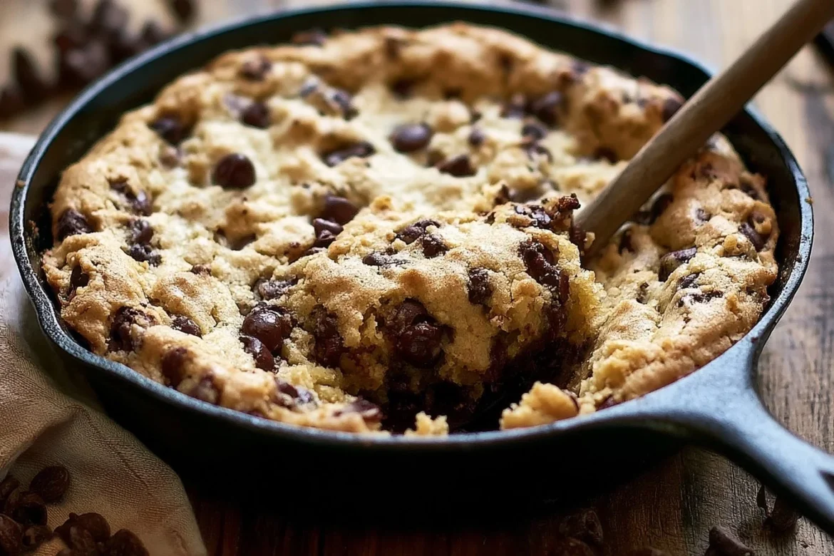 Delicious chocolate chip skillet cookie served warm from the oven