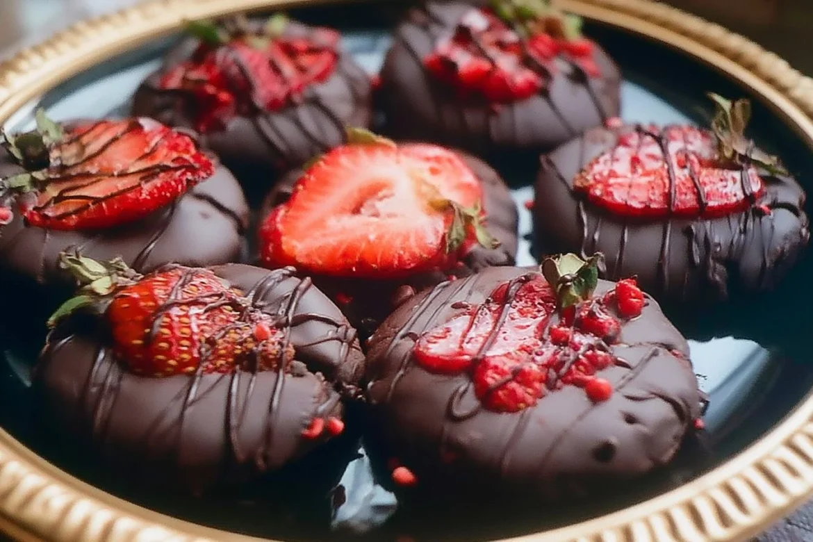 Delicious chocolate covered strawberry cookies on a festive plate.