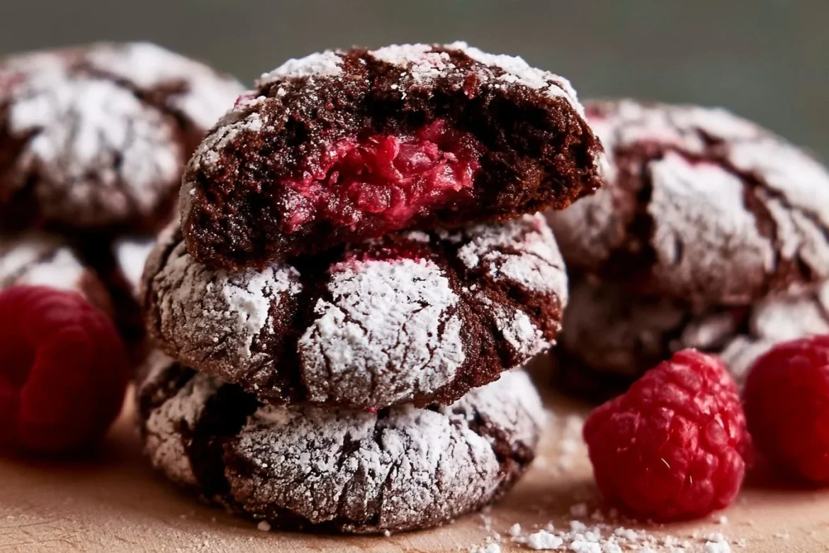 Chocolate raspberry crinkle cookies with a dusting of powdered sugar