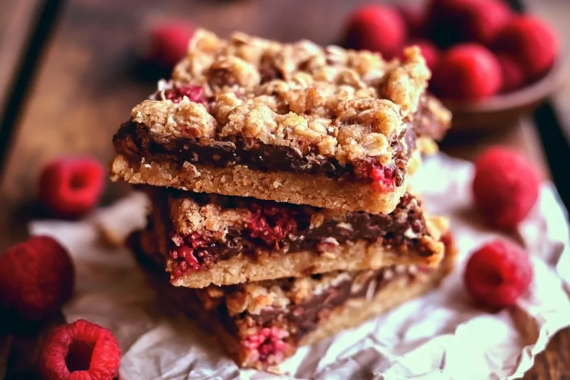 Decadent Chocolate Raspberry Oat Bars topped with fresh raspberries and chocolate