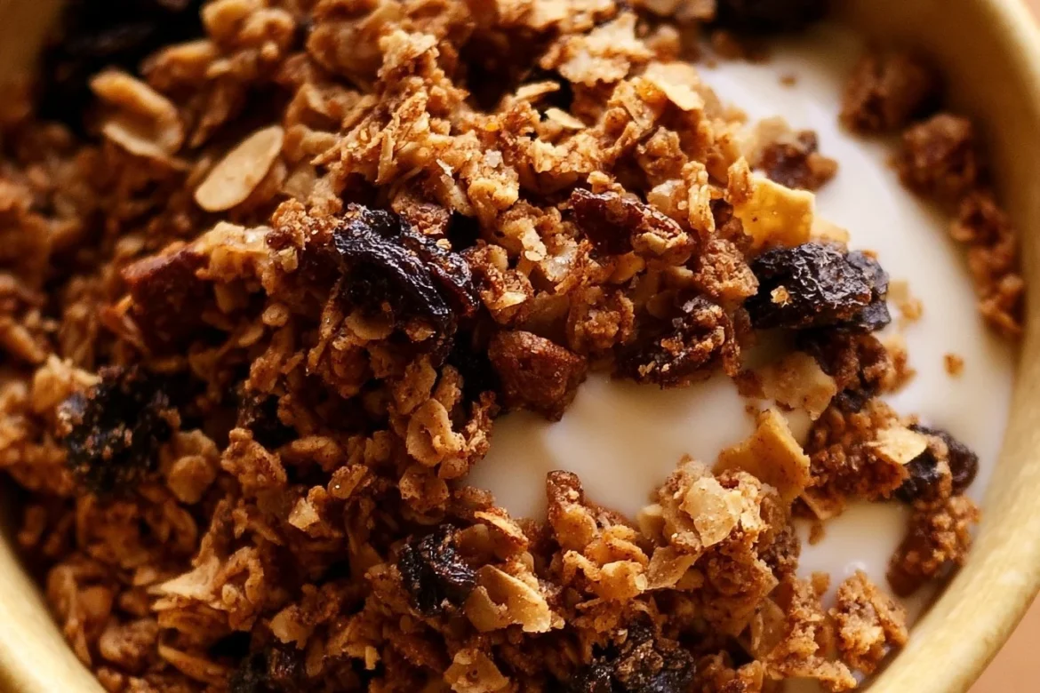 Bowl of homemade Cinnamon Raisin Granola with nuts and dried fruits