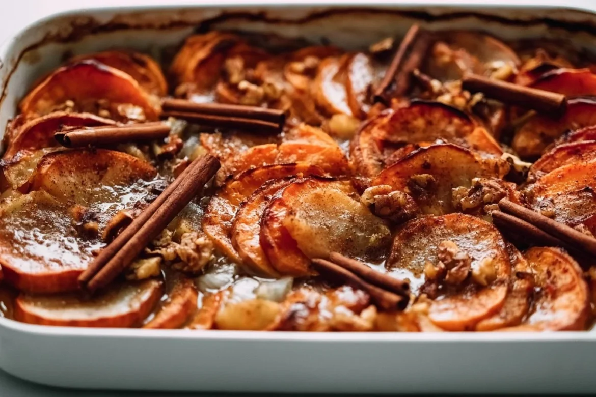 Baked cinnamon sweet potatoes and apples topped with a crispy crumble.