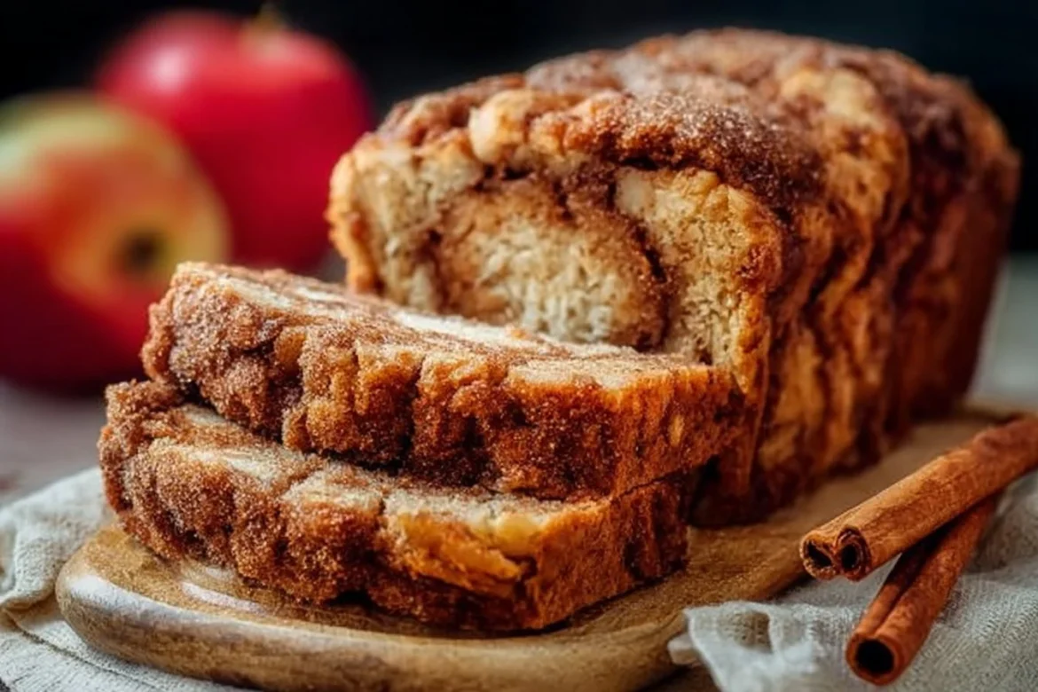 Freshly baked cinnamon swirl apple bread with apple slices and cinnamon topping
