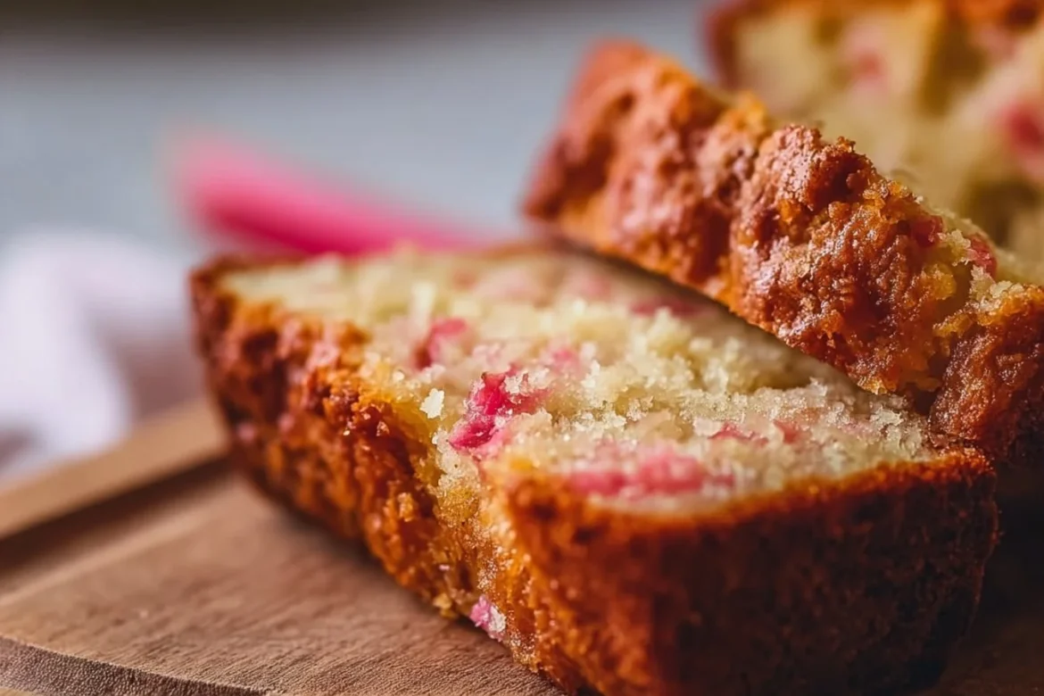 Loaf of classic lemon rhubarb bread on a wooden table