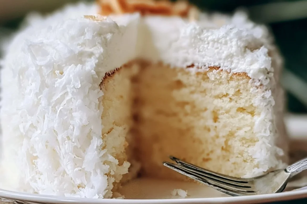 Delicious Coconut Cloud Cake topped with coconut flakes and fresh cream