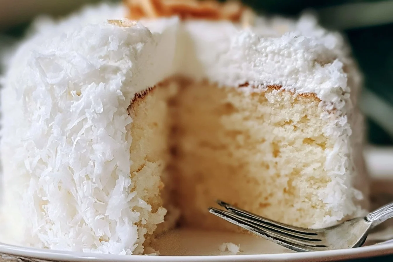 Delicious Coconut Cloud Cake topped with coconut flakes and fresh cream