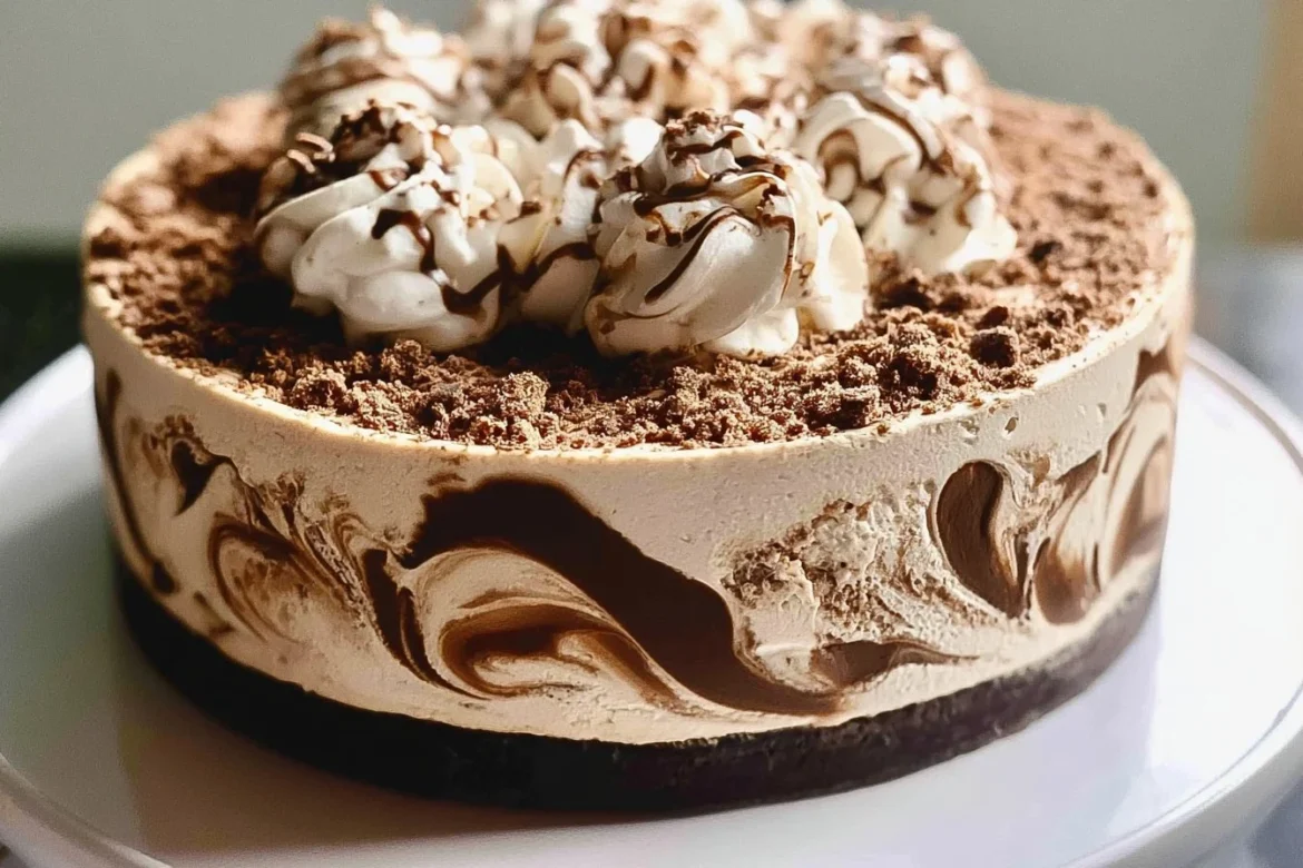 Delicious coffee ice cream cake topped with chocolate and coffee beans