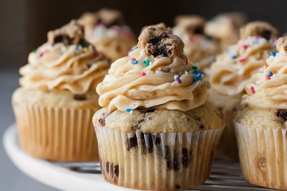 Delicious cookie dough cupcakes with chocolate frosting and cookie dough topping