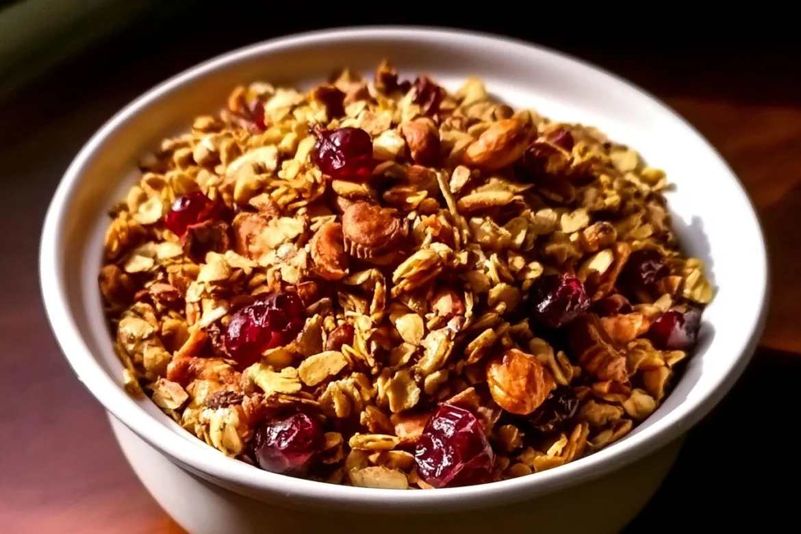 Bowl of delicious Cranberry Orange Granola with nuts and dried cranberries