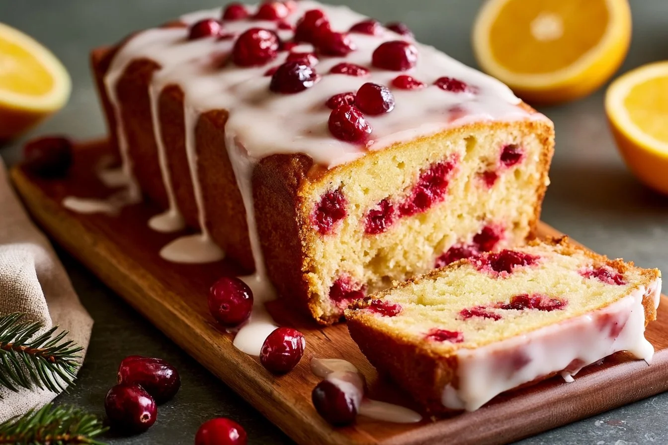 Homemade Cranberry Orange Loaf with cranberries and orange slices on top