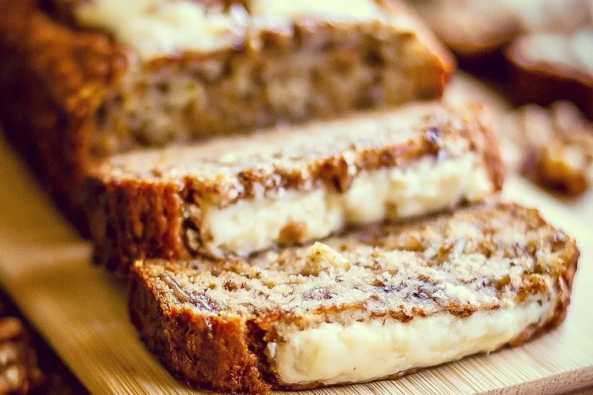 Sliced cream cheese-filled banana bread on a wooden cutting board