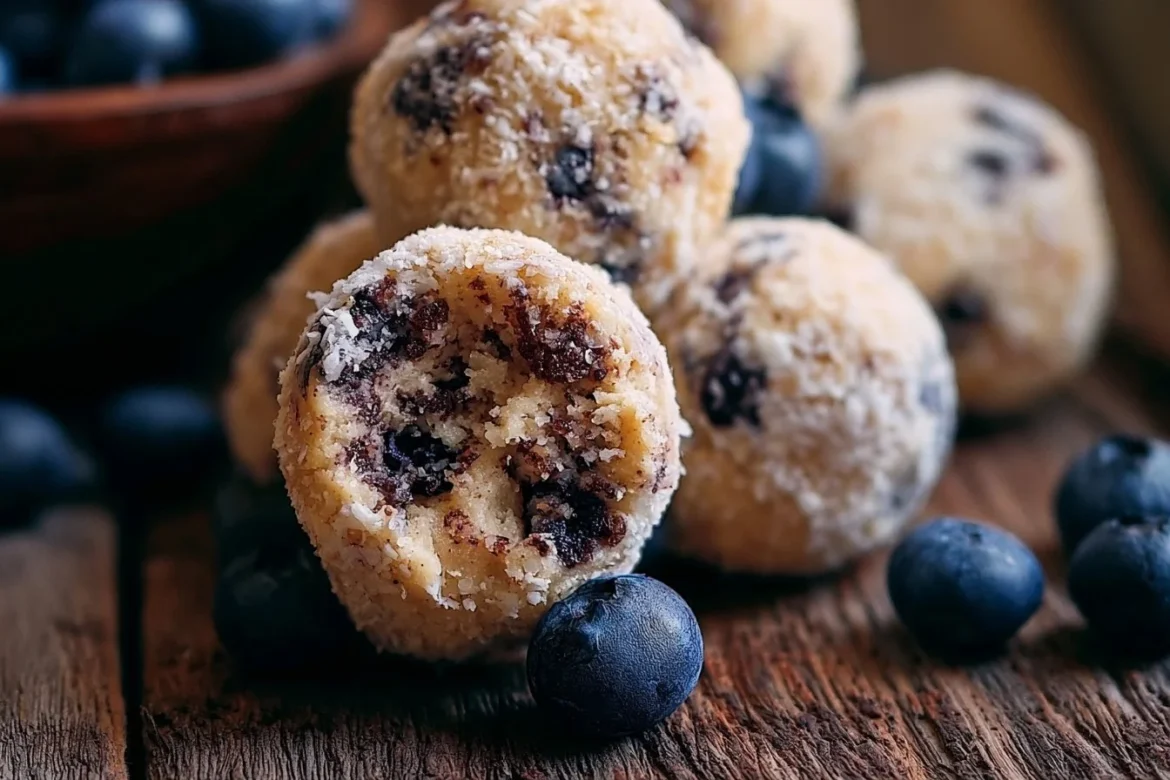 Creamy blueberry cheesecake protein balls displayed on a plate