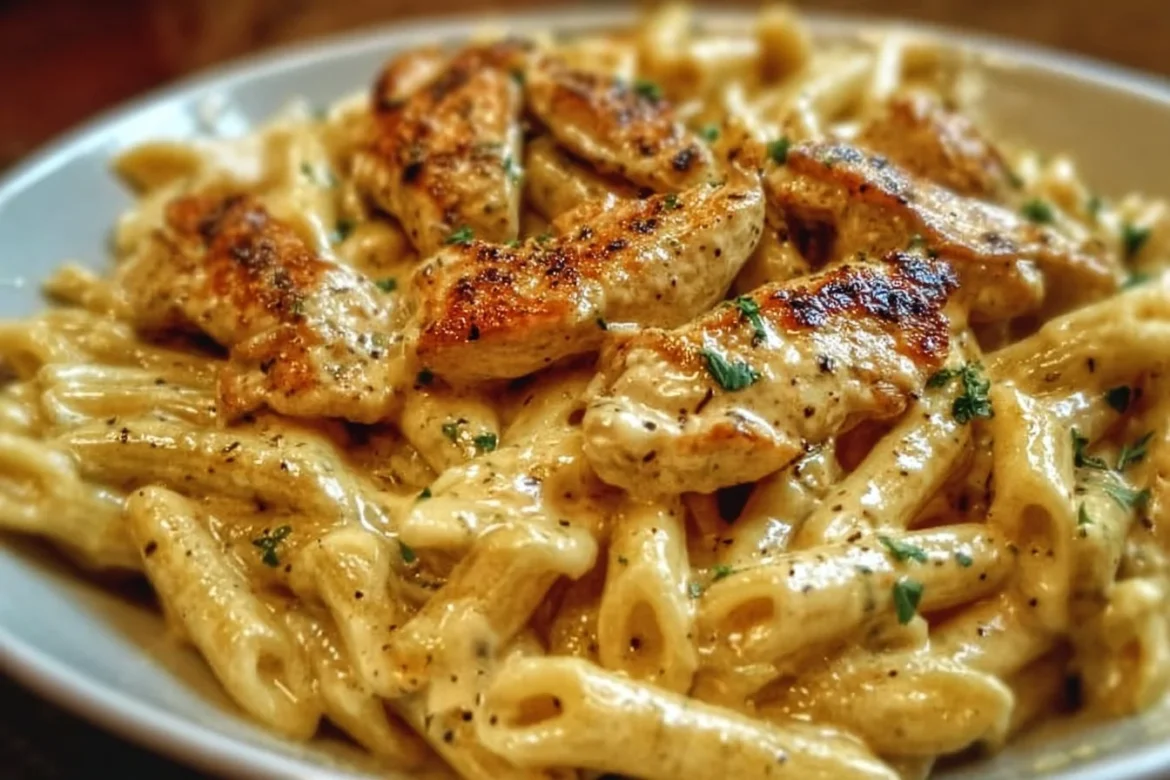 Creamy Cajun Chicken Penne Pasta dish garnished with herbs and spices