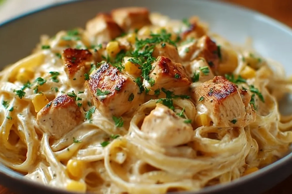 Delicious creamy Chipotle Chicken Pasta topped with fresh herbs