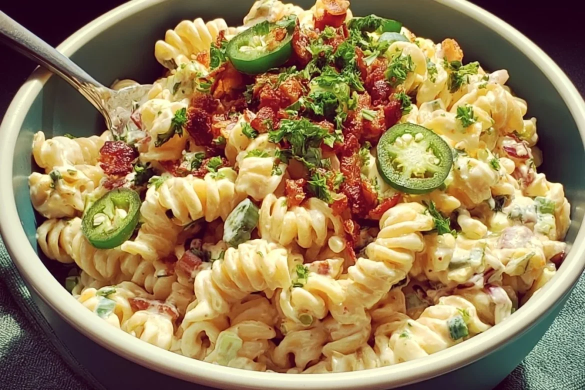 Creamy jalapeno popper pasta salad with peppers and cheese in a bowl