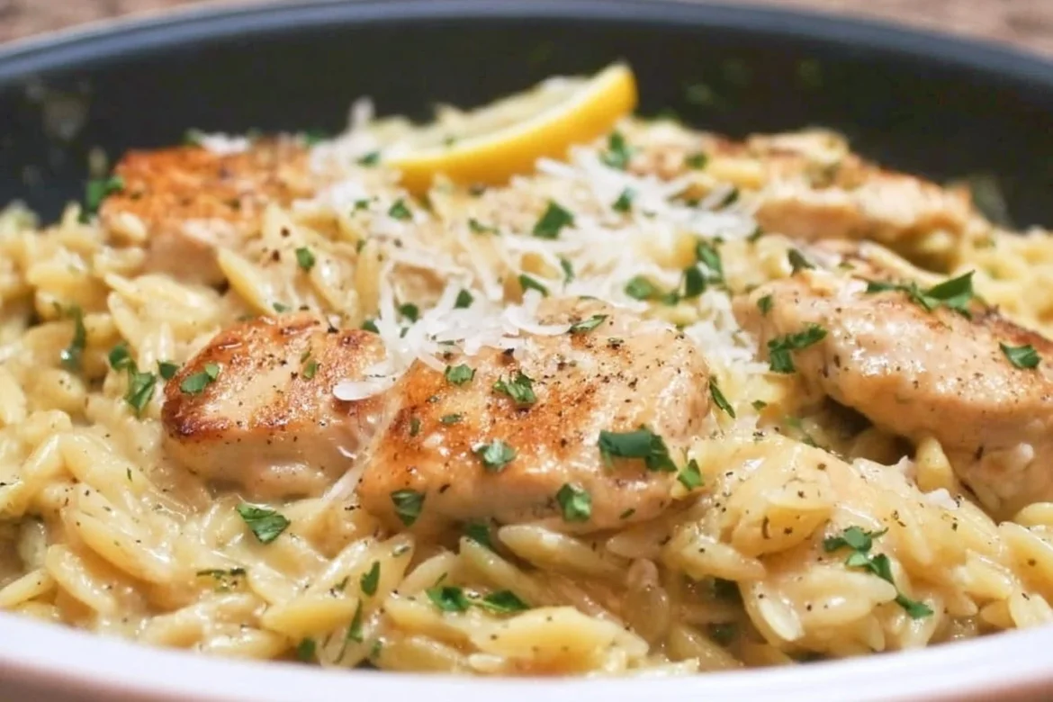 Delicious creamy lemon chicken orzo pasta served in a bowl