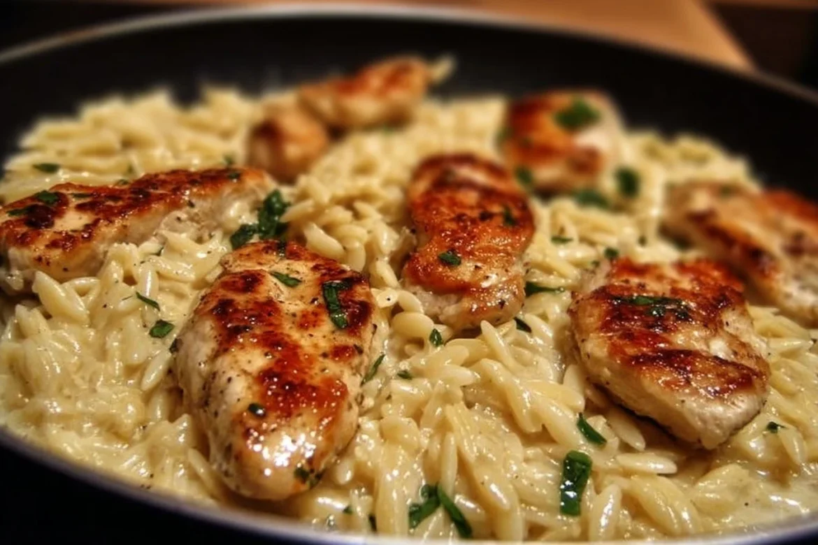 Creamy Parmesan chicken served over orzo pasta, garnished with herbs