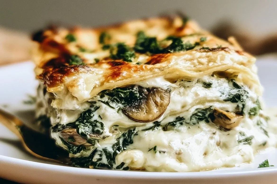 Creamy spinach and mushroom lasagna with layers of cheese and pasta