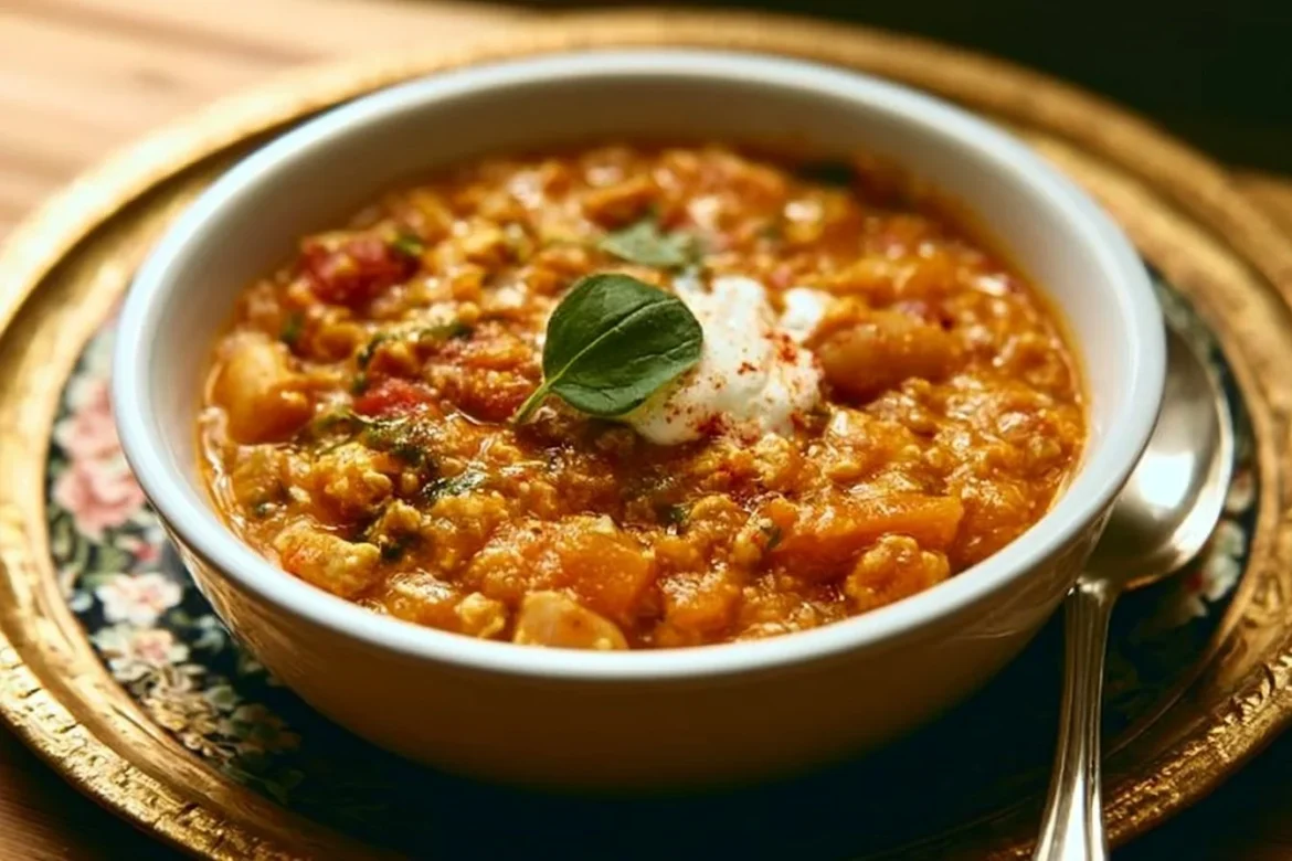 Bowl of creamy Turkey Pumpkin Chili topped with fresh herbs