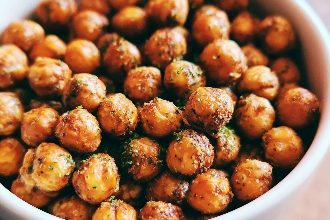 Crispy air fryer ranch chickpeas served in a bowl, garnished with herbs.
