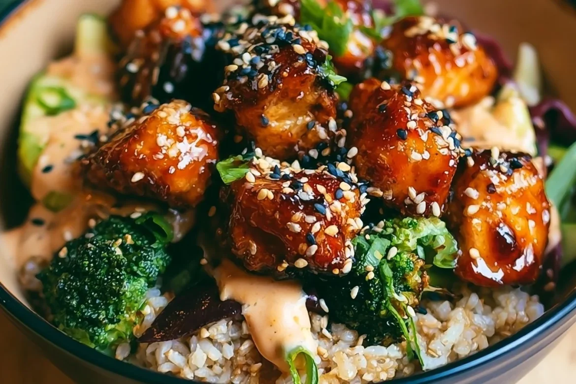 Crispy Bang Bang Salmon Bite Bowls served in a colorful dish