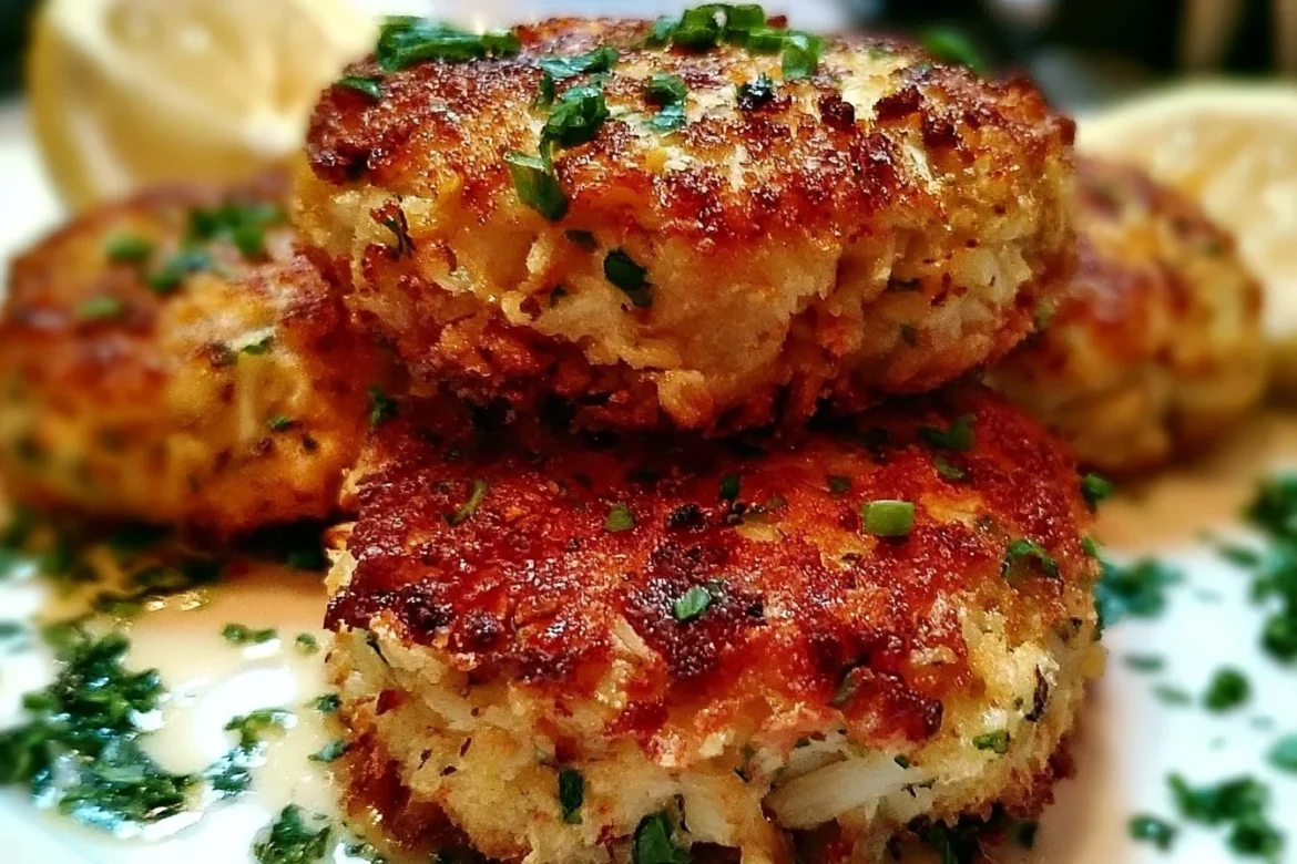 Crispy Cheddar Bay Crab Cakes on a plate, garnished for display