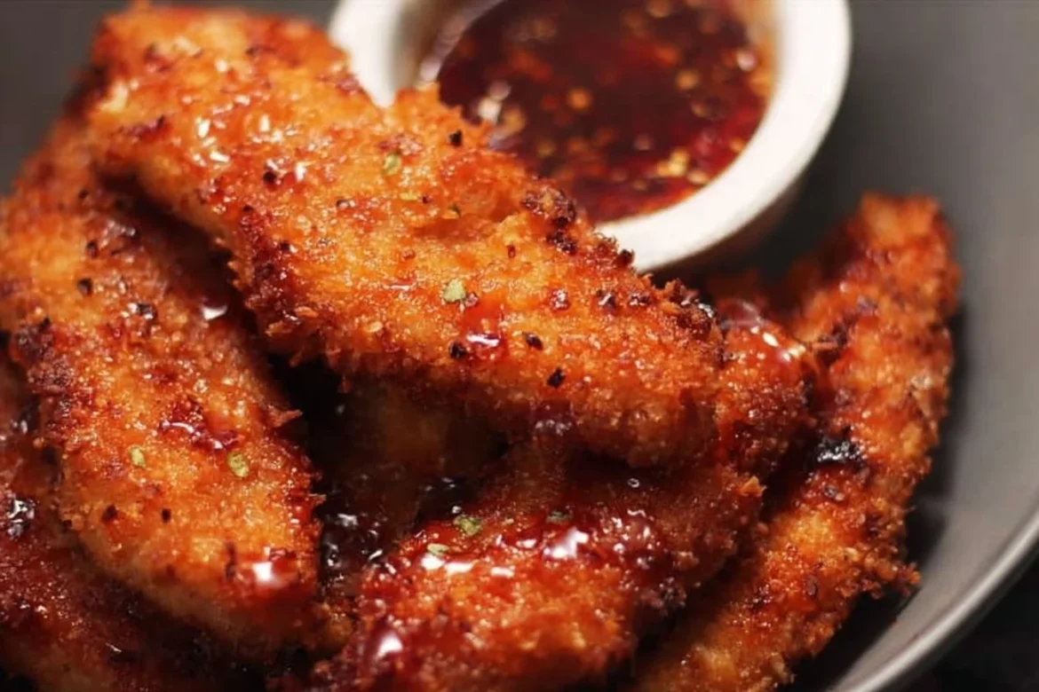 Crispy coconut chicken tenders served with a dipping sauce