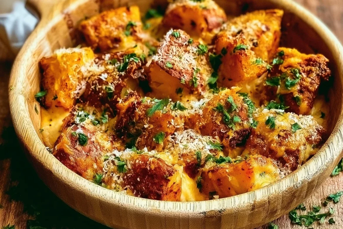 Bowl of crispy parmesan sweet potatoes with herbs and spices.