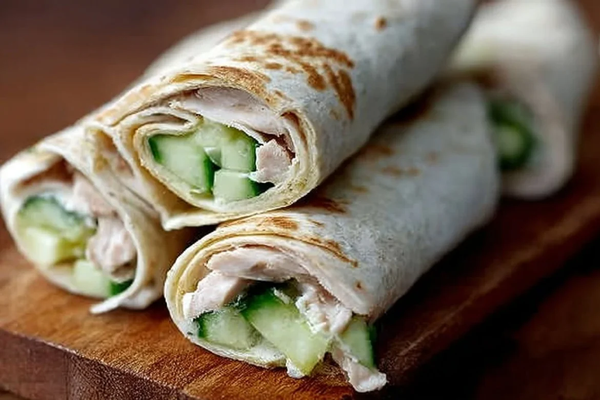 Cucumber Ranch Turkey Tortilla Wrap filled with fresh vegetables and turkey.