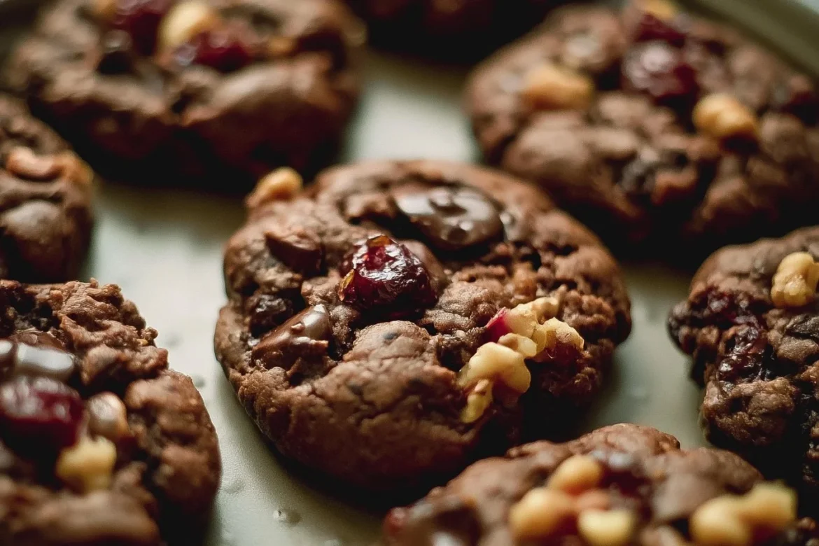Dark chocolate cranberry walnut cookies on a plate