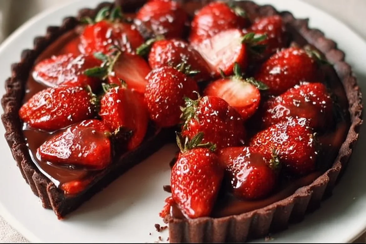 Delicious dark chocolate strawberry tart with fresh strawberries on top