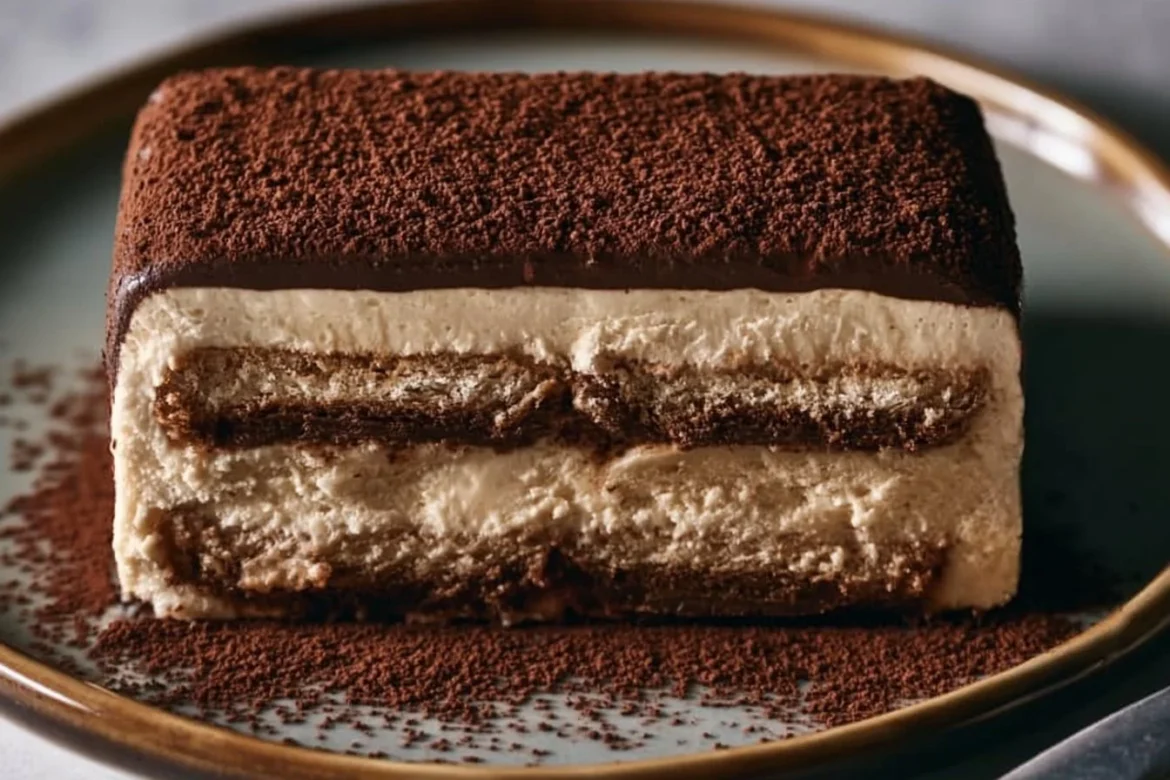Delicious tiramisu ice cream layer cake topped with cocoa powder and coffee beans