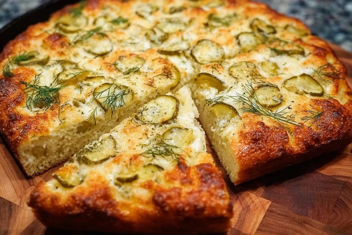 Freshly baked Dill Pickle Focaccia Bread garnished with dill and pickles.