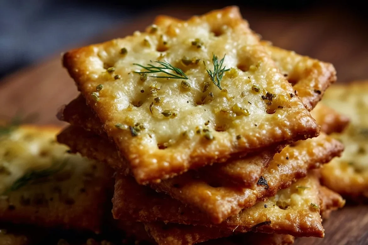 Crunchy dill pickle saltines served on a rustic wooden table.