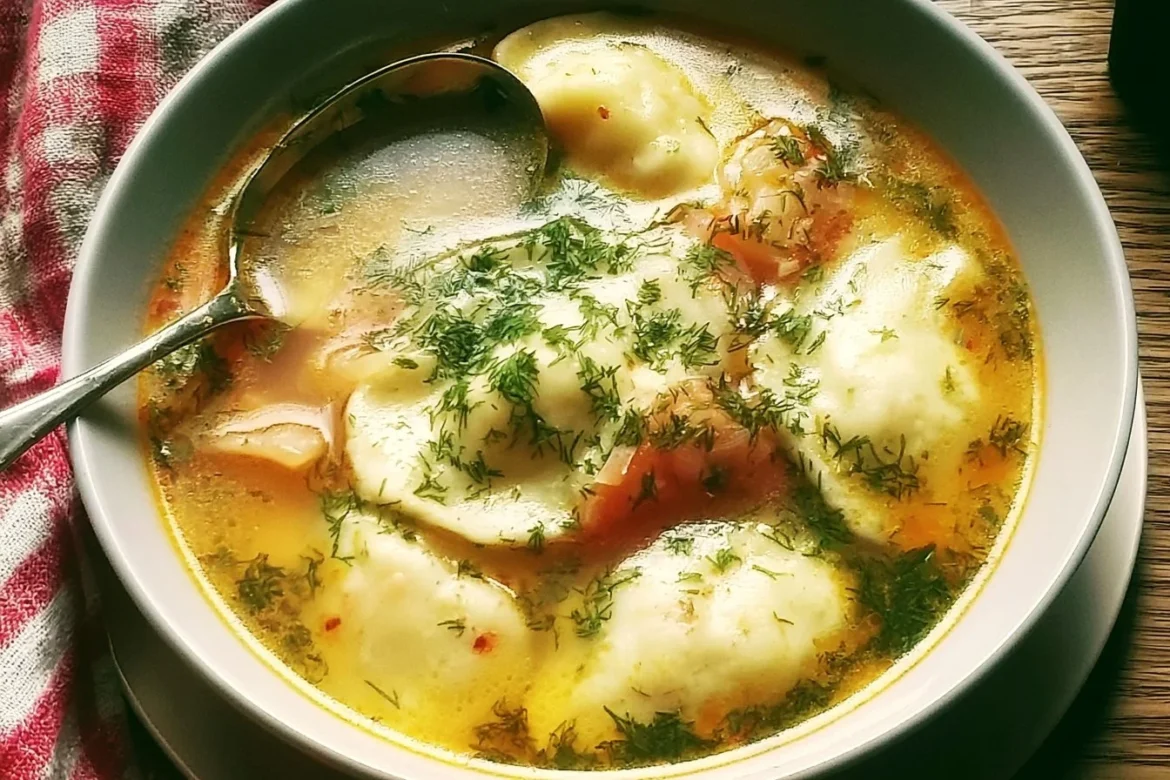 Delicious bowl of Dill Soup with Pierogi served on a rustic table.