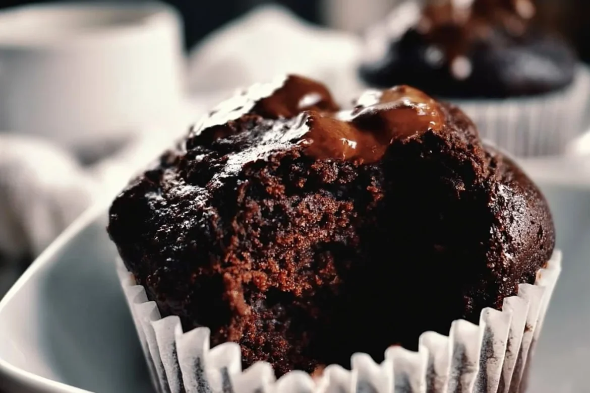 Delicious double chocolate espresso muffins topped with chocolate chips