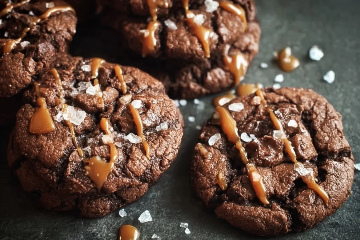 Double chocolate salted caramel cookies with rich chocolate and sea salt flakes