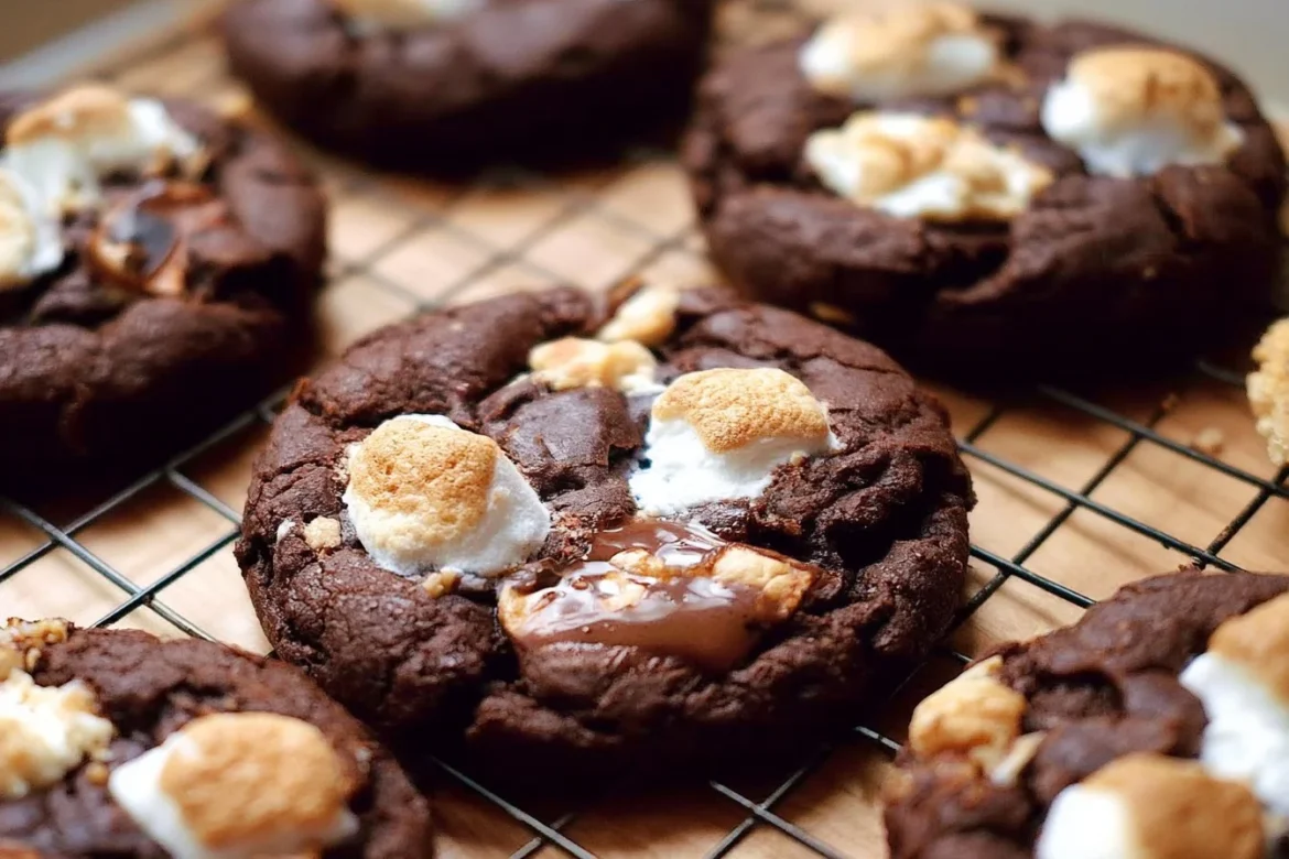 Double chocolate s'mores cookies with melted chocolate and marshmallows.