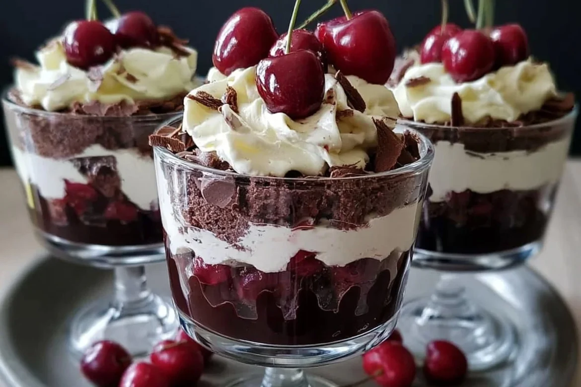 Delicious easy Black Forest Trifle with layers of chocolate and cherries