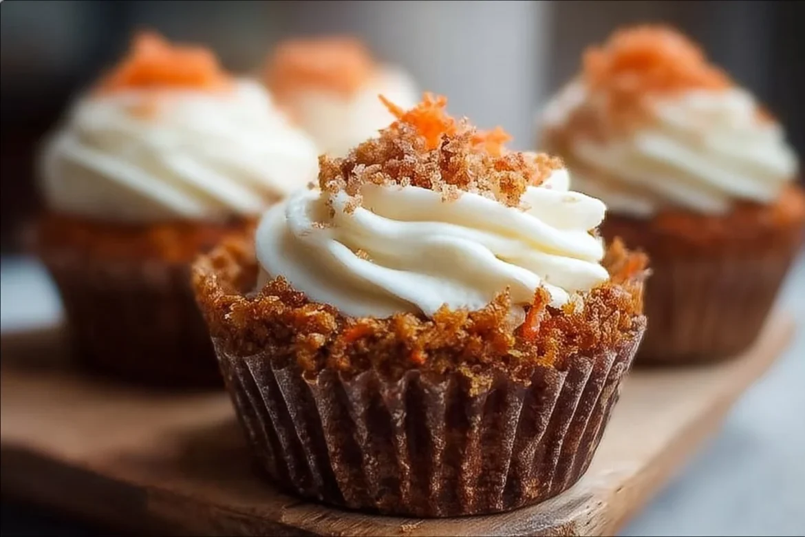 Delicious easy carrot cake cupcakes topped with cream cheese frosting