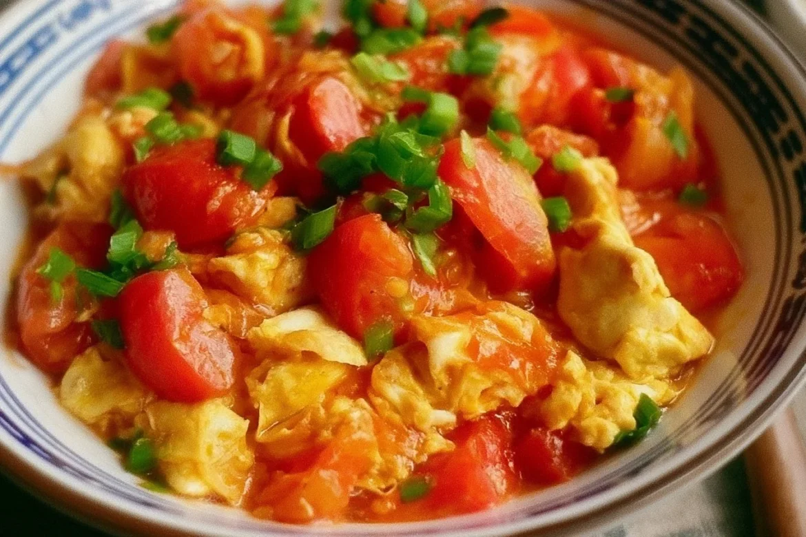 Delicious Tomato Egg Stir-Fry served in a bowl with fresh herbs.